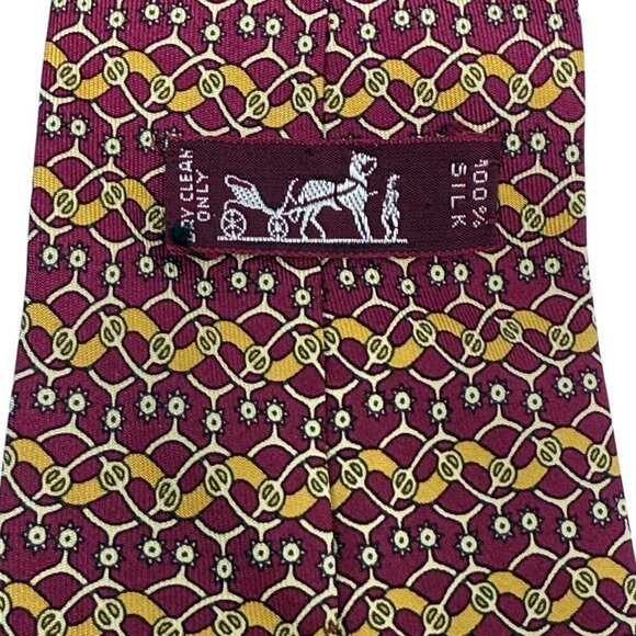 HERMES Mens Necktie Silk Red Yellow Print Made in France Luxury Tie Equestrian - Picture 7 of 10